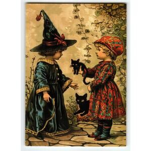 Vintage Halloween Postcard with Children & Black Cats 5.5x4 Chrome